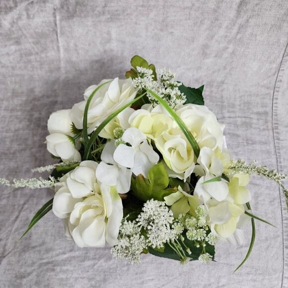 New Silk Ivory Rose and Hydrangeas Arrangement in Ivory Round Vase - Picture 3 of 7